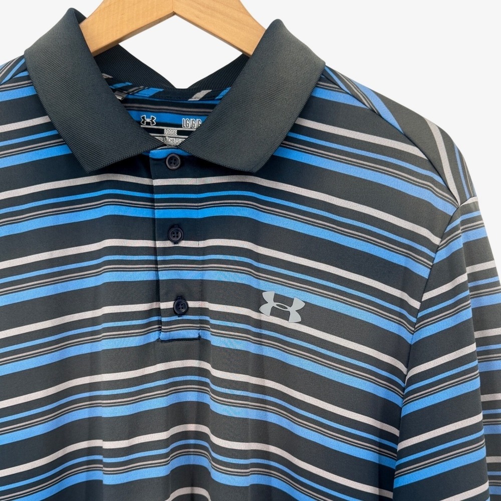 Under Armour HeatGear Mens Large Blue Striped Golf Polo Pottawattomie CC Logo